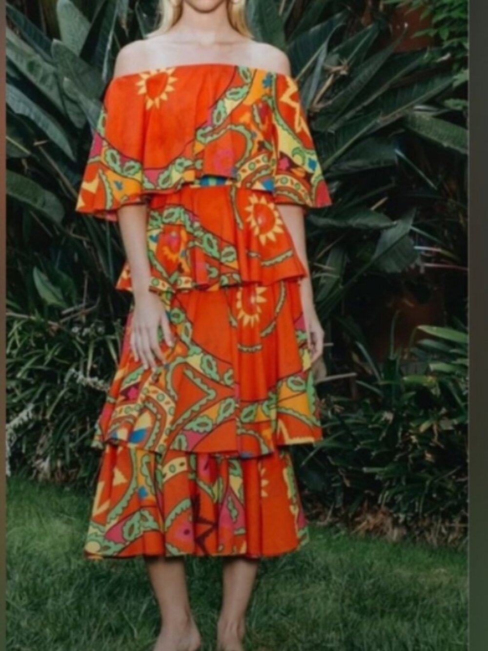 Rhode Resort Lulu Printed Off Shoulder Midi Dress MEDIUM EXCELLENT PRE-OWNED CON